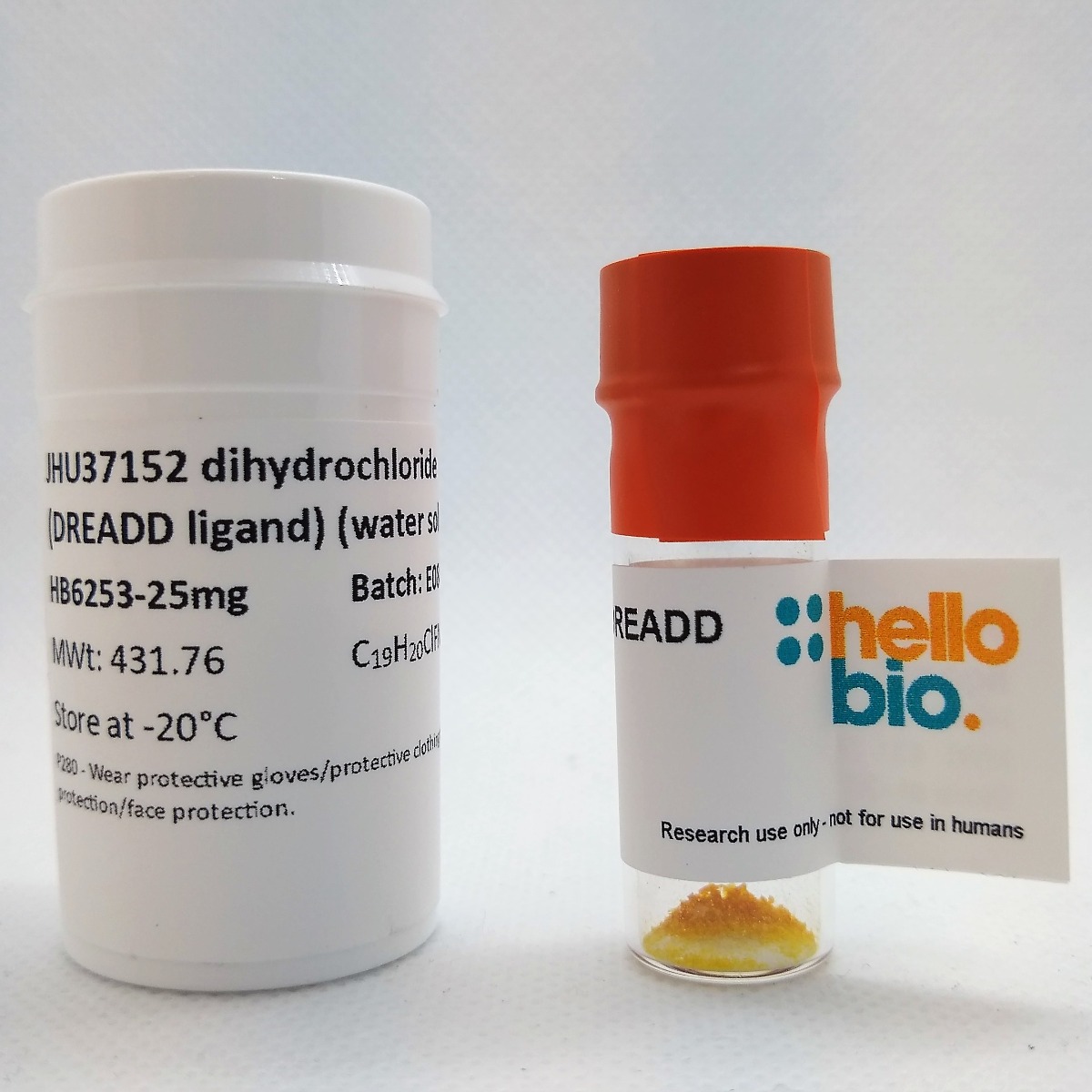 JHU37152 dihydrochloride (DREADD ligand) (water soluble) product vial image | Hello Bio