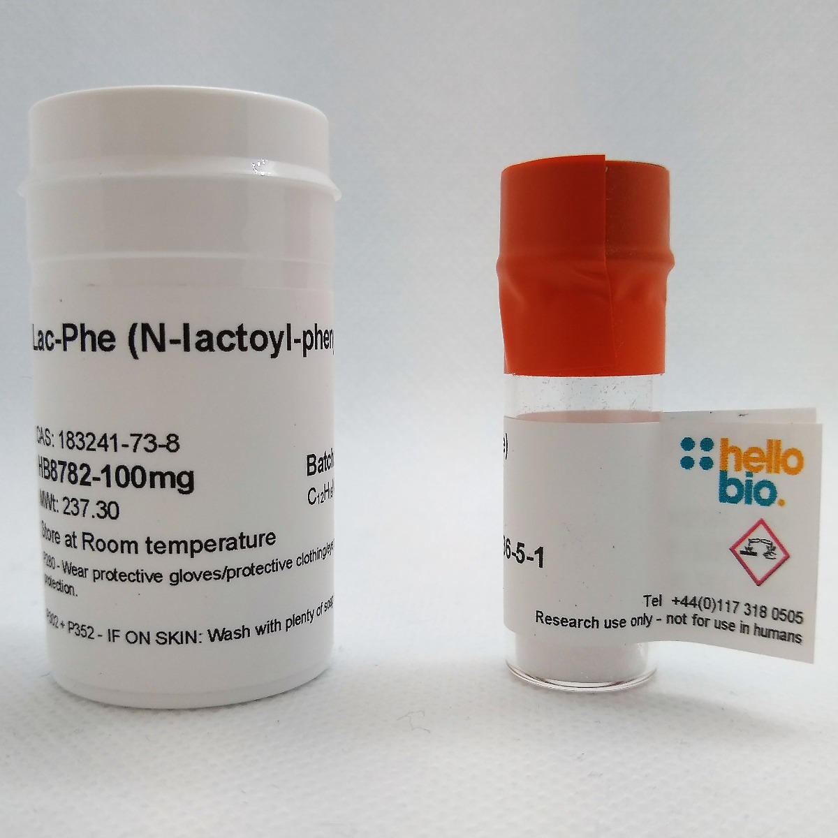 Lac-Phe (N-lactoyl-phenylalanine) product vial image | Hello Bio
